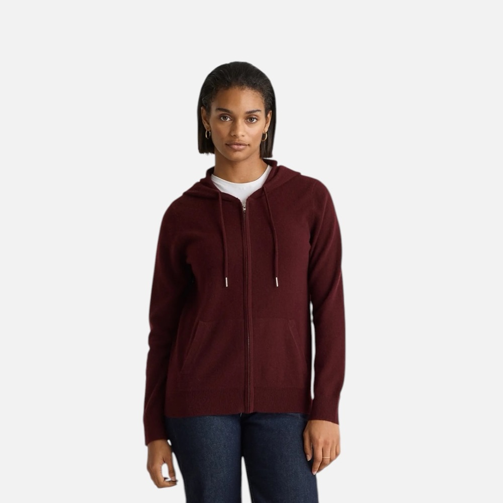Quince 100% Cashmere Full Zip Hoodie  Rich Burgundy, Medium, New Sealed